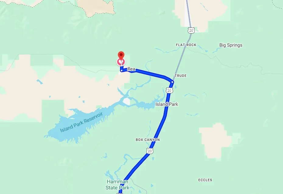 Map showing driving directions to Island Park Idaho