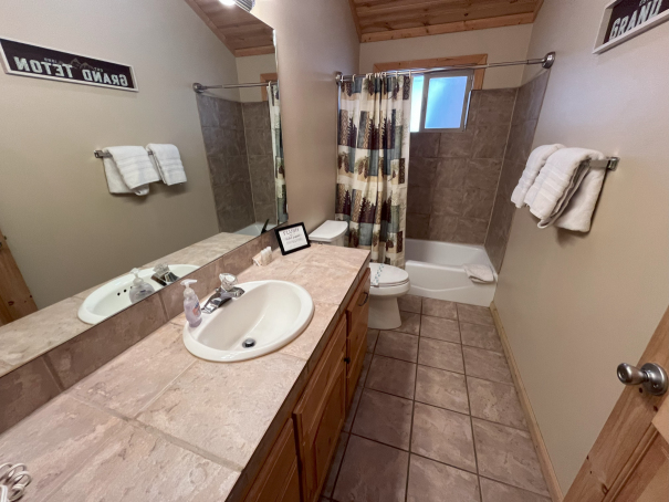 Second bathroom with a tub/shower combo, a vanity with storage, and a hairdryer