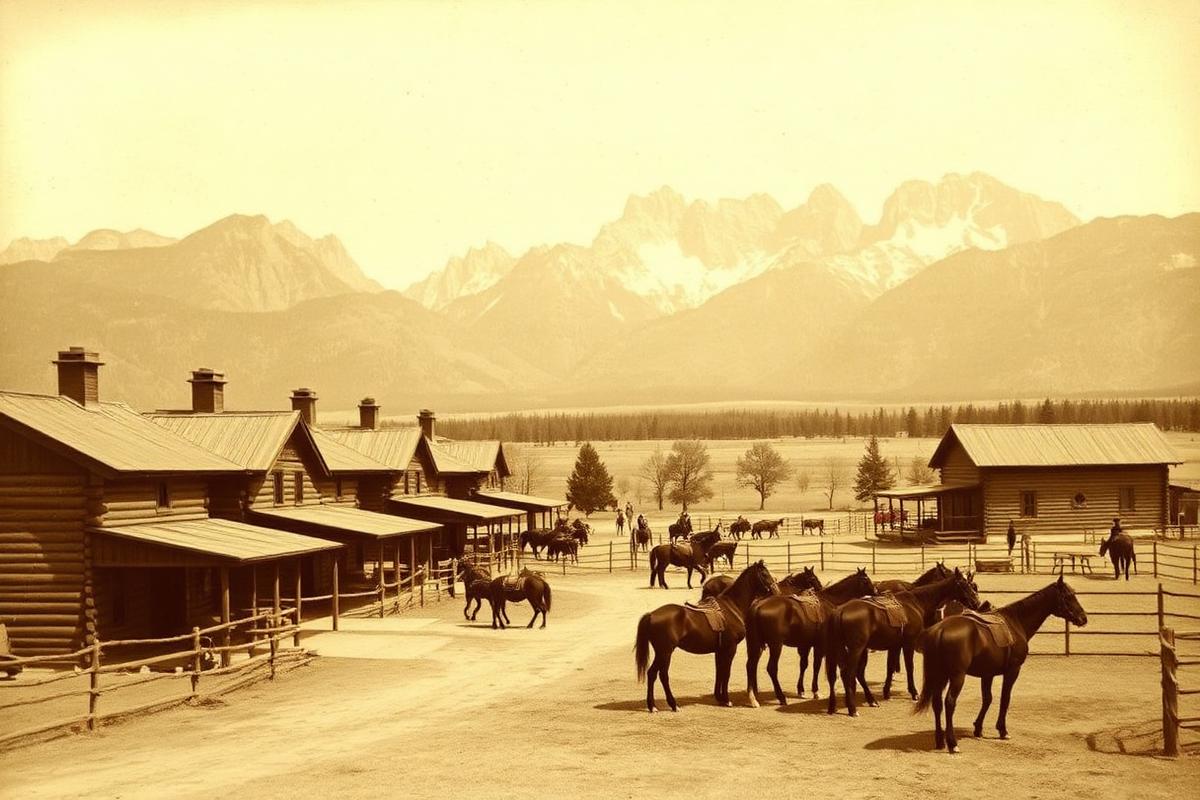 Historic dude ranch with horses beneath the Teton Range